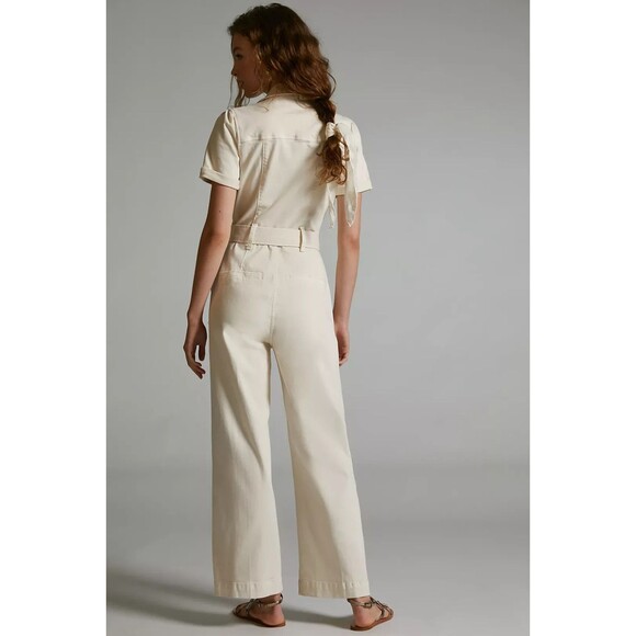 Maeve Anthropologie Jumpsuit Womens XL 12/14 White Belted Waist Collar Button Up - Picture 11 of 11